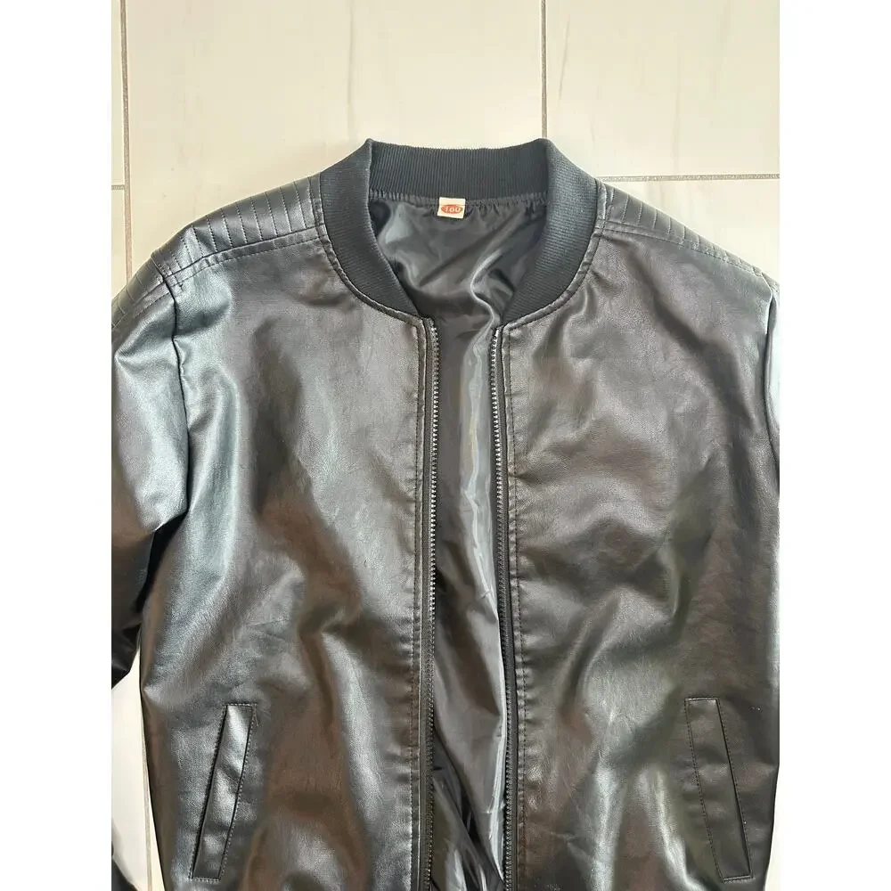 Boys Black Faux Leather Bomber Jacket Size 160 Youth Zip Motorcycle Coat